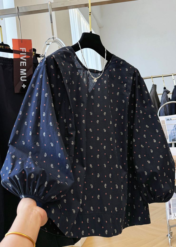 Loose Navy V Neck Print Cotton Shirts Fall