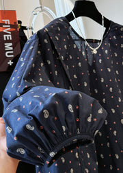 Loose Navy V Neck Print Cotton Shirts Fall