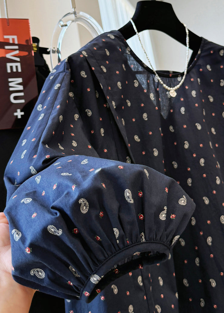 Loose Navy V Neck Print Cotton Shirts Fall