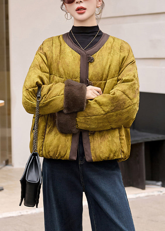 Loose O Neck Button Fine Cotton Filled Puffer Coat Winter