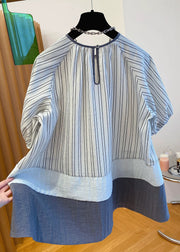 Loose O-Neck Striped Button Patchwork Cotton Shirt Summer