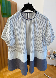 Loose O-Neck Striped Button Patchwork Cotton Shirt Summer