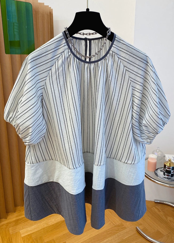 Loose O-Neck Striped Button Patchwork Cotton Shirt Summer