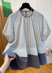 Loose O-Neck Striped Button Patchwork Cotton Shirt Summer
