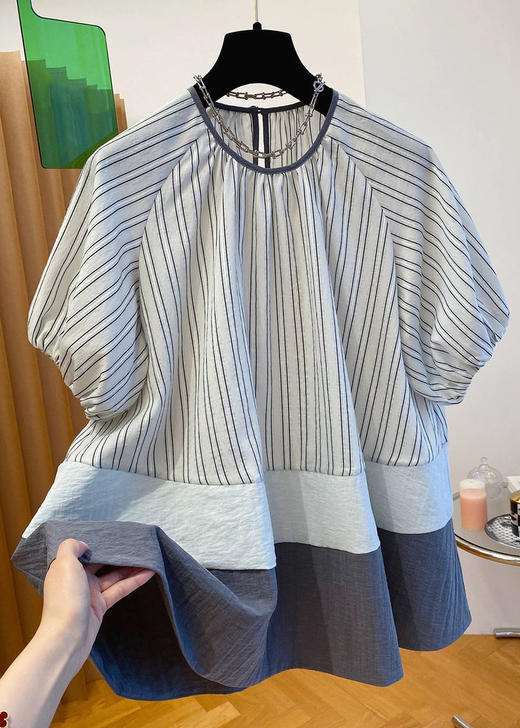 Loose O-Neck Striped Button Patchwork Cotton Shirt Summer