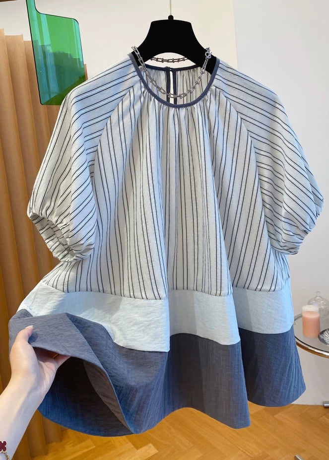 Loose O-Neck Striped Button Patchwork Cotton Shirt Summer