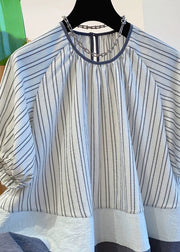 Loose O-Neck Striped Button Patchwork Cotton Shirt Summer