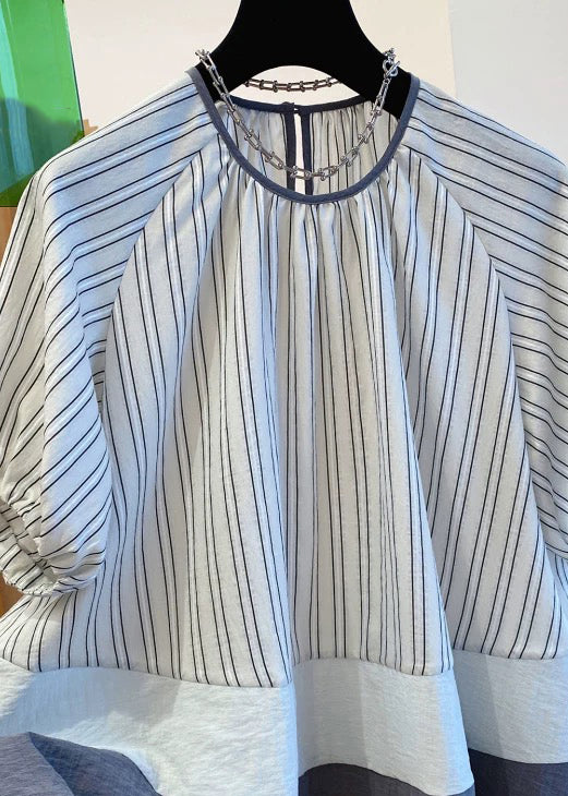 Loose O-Neck Striped Button Patchwork Cotton Shirt Summer