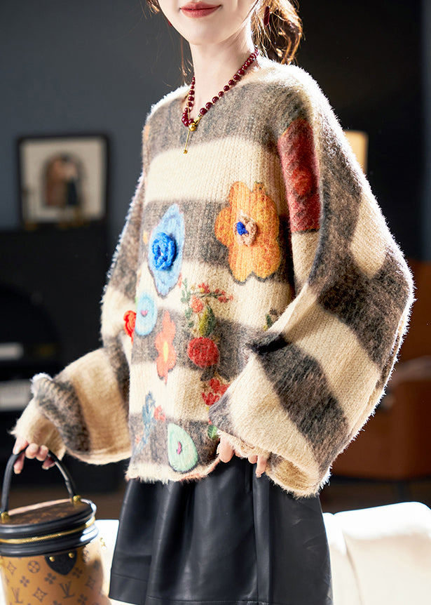 Loose O Neck Striped Floral Knit Sweaters Winter