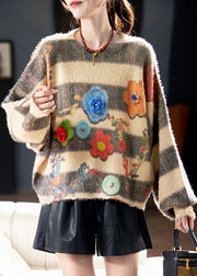 Loose O Neck Striped Floral Knit Sweaters Winter