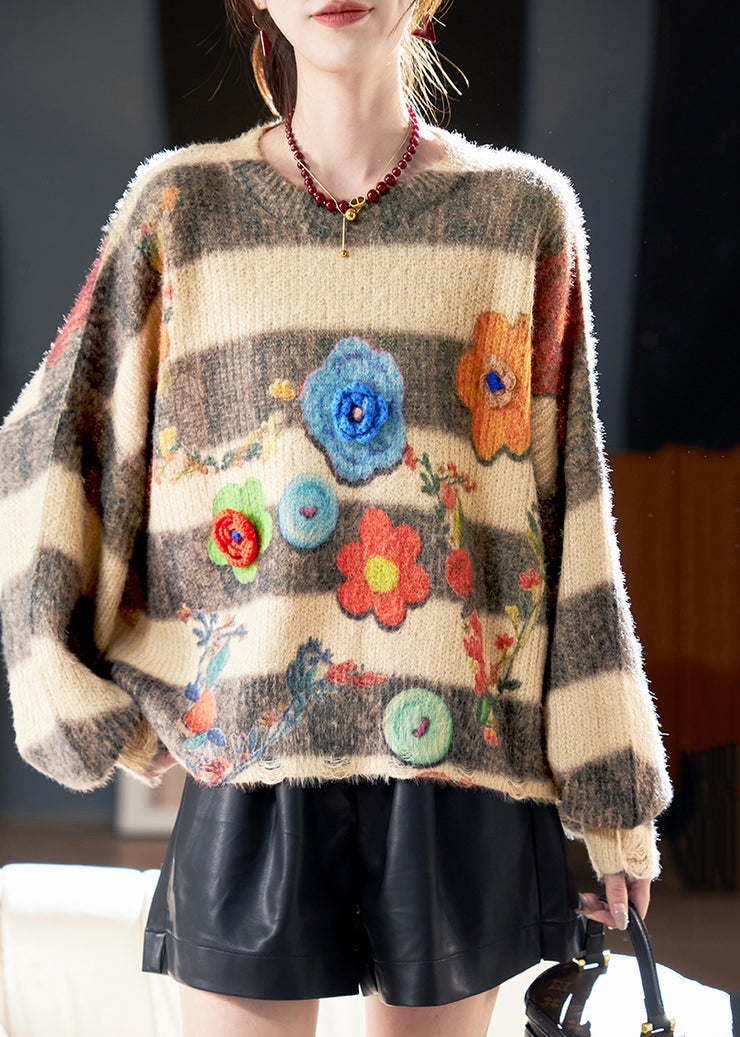 Loose O Neck Striped Floral Knit Sweaters Winter