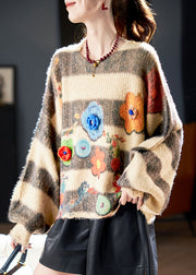 Loose O Neck Striped Floral Knit Sweaters Winter