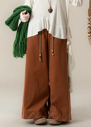 Loose Orange Drawstring Solid Cotton Wide Leg Pants Fall