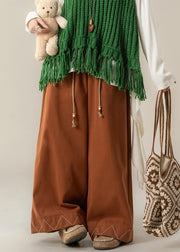 Loose Orange Drawstring Solid Cotton Wide Leg Pants Fall