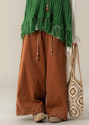 Loose Orange Drawstring Solid Cotton Wide Leg Pants Fall