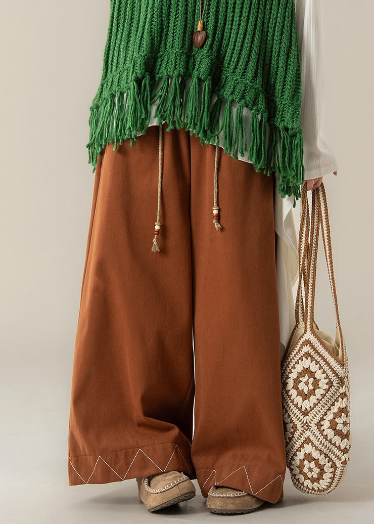 Loose Orange Drawstring Solid Cotton Wide Leg Pants Fall