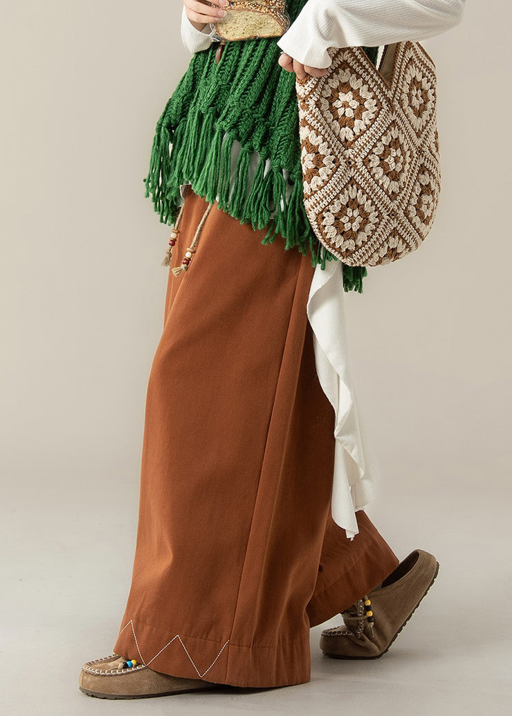 Loose Orange Drawstring Solid Cotton Wide Leg Pants Fall