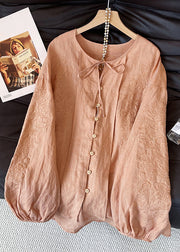 Loose Orange Embroidered Lace Up Cotton Shirt Tops Fall