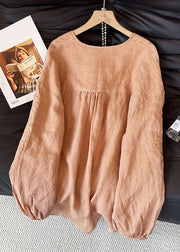 Loose Orange Embroidered Lace Up Cotton Shirt Tops Fall