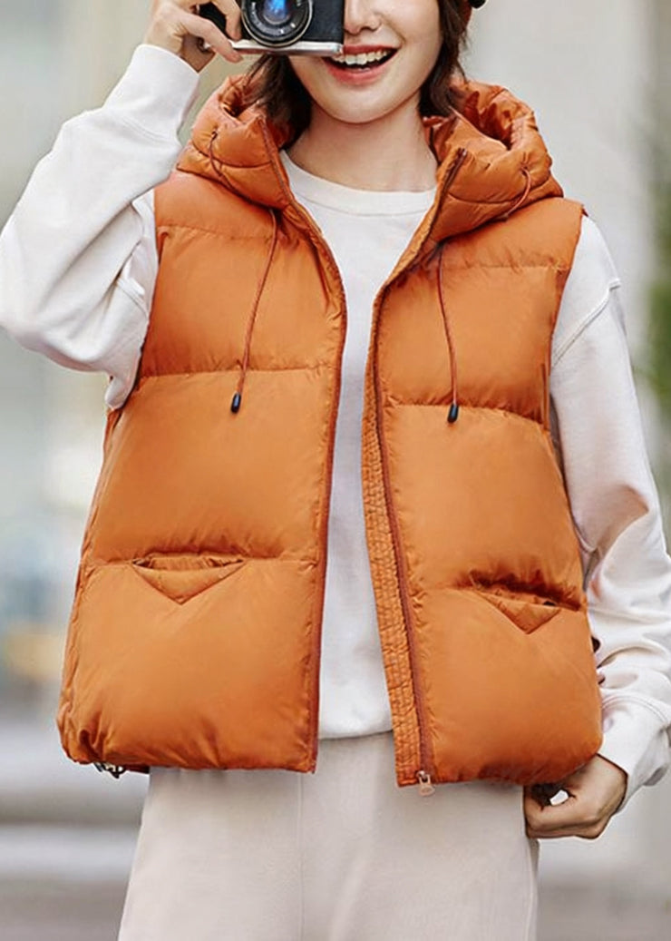 Loose Orange Hooded Zippered Drawstring Duck Down Waistcoat Sleeveless
