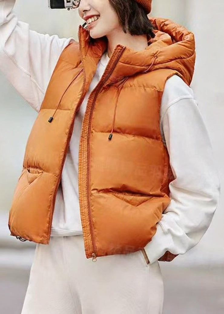 Loose Orange Hooded Zippered Drawstring Duck Down Waistcoat Sleeveless