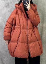 Loose Orange Hooded Zippered Solid Duck Down Puffer Coat Winter
