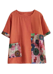 Loose Orange O-Neck Print Tops Short Sleeve