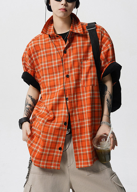 Loose Orange Plaid Pockets Cotton Mens Shirt Summer