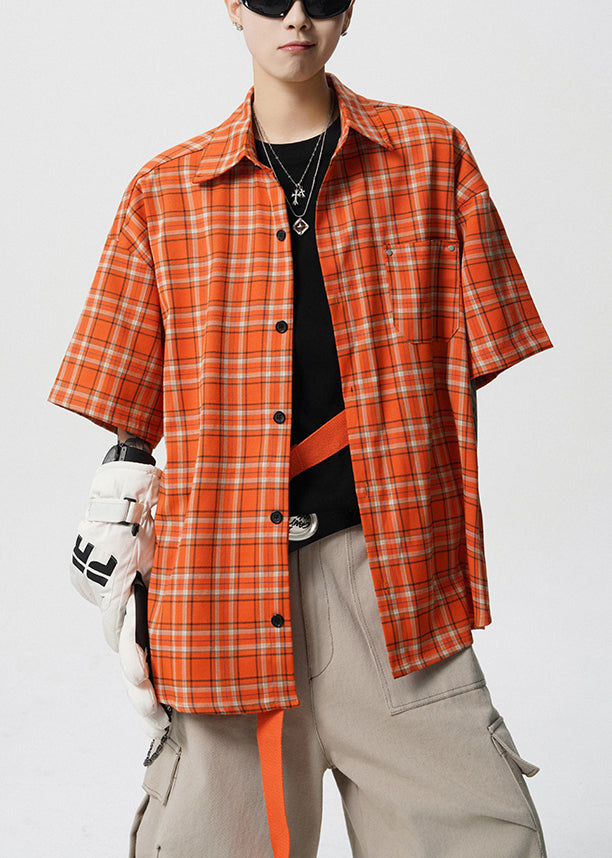 Loose Orange Plaid Pockets Cotton Mens Shirt Summer