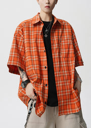 Loose Orange Plaid Pockets Cotton Mens Shirt Summer
