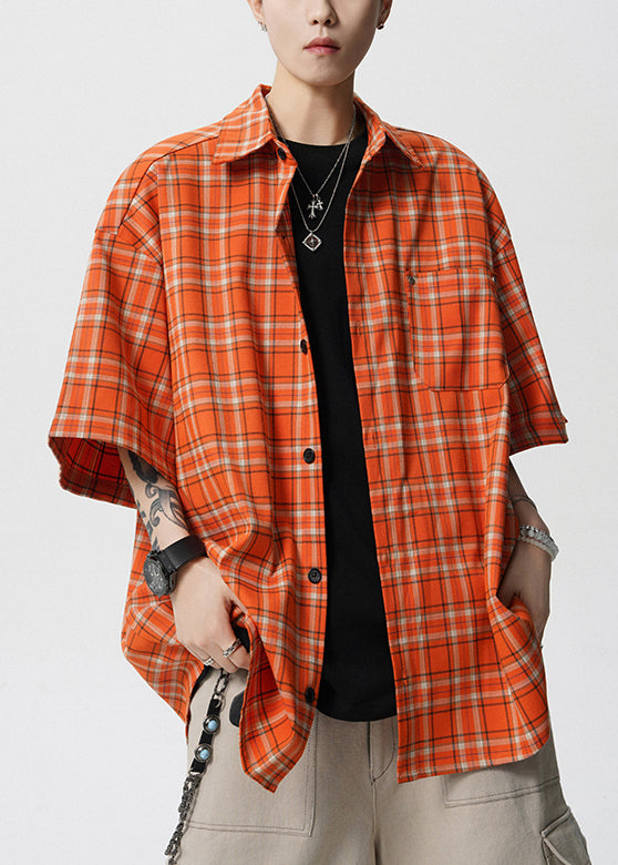 Loose Orange Plaid Pockets Cotton Mens Shirt Summer