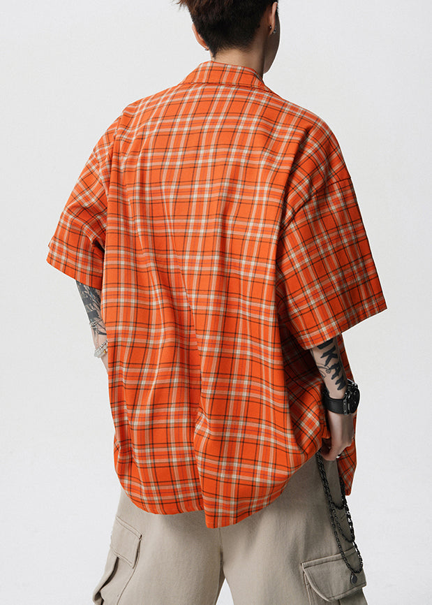 Loose Orange Plaid Pockets Cotton Mens Shirt Summer