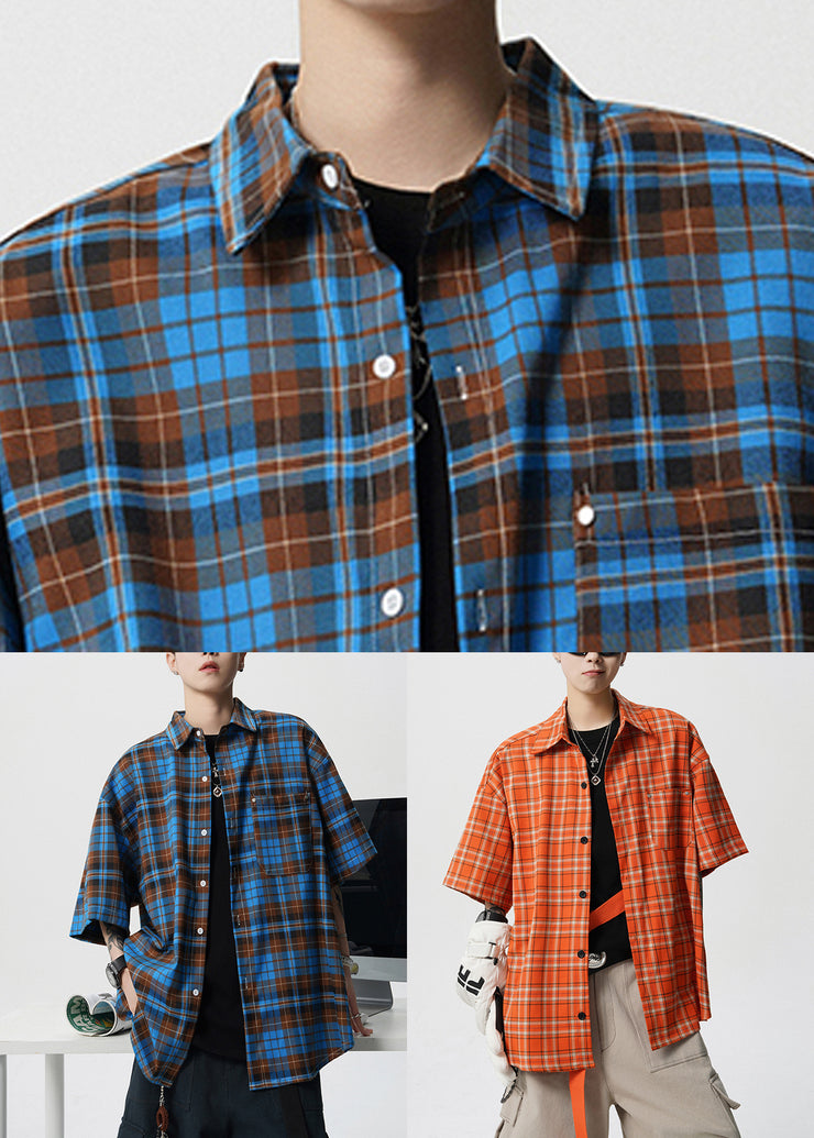 Loose Orange Plaid Pockets Cotton Mens Shirt Summer
