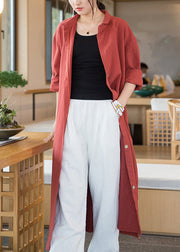Loose Orange Red Button Side Open Linen Long Coats Long Sleeve