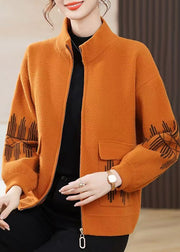 Loose Orange Stand Collar Zippered Pockets Woolen Coat Fall