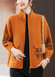 Loose Orange Stand Collar Zippered Pockets Woolen Coat Fall