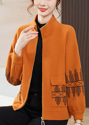 Loose Orange Stand Collar Zippered Pockets Woolen Coat Fall