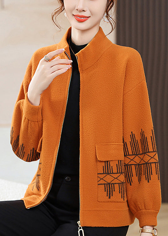 Loose Orange Stand Collar Zippered Pockets Woolen Coat Fall