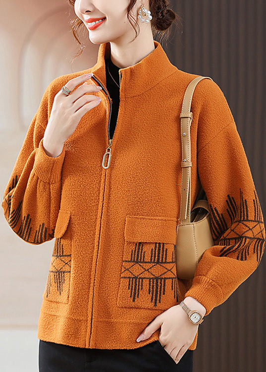 Loose Orange Stand Collar Zippered Pockets Woolen Coat Fall