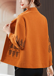 Loose Orange Stand Collar Zippered Pockets Woolen Coat Fall