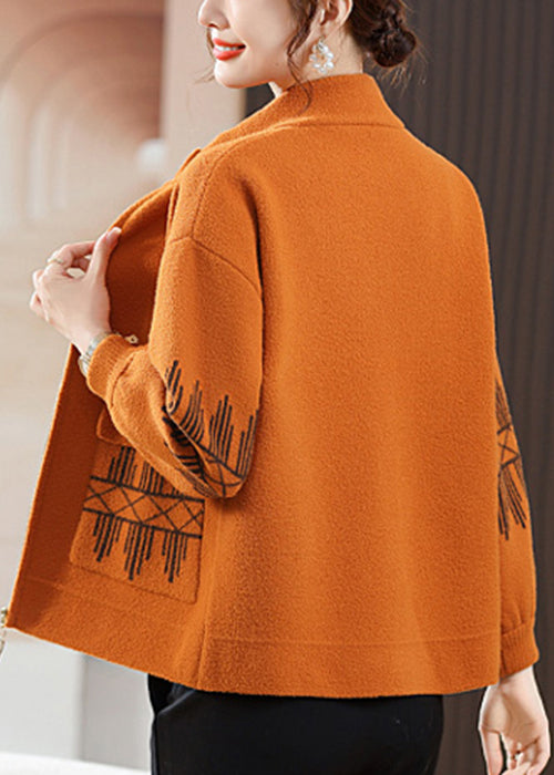 Loose Orange Stand Collar Zippered Pockets Woolen Coat Fall