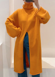 Loose Orange Turtleneck Front Open Knit Sweater Dress Winter