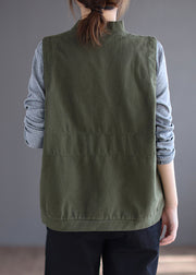 Loose Orange V Neck Button Pockets Cotton Waistcoat Sleeveless