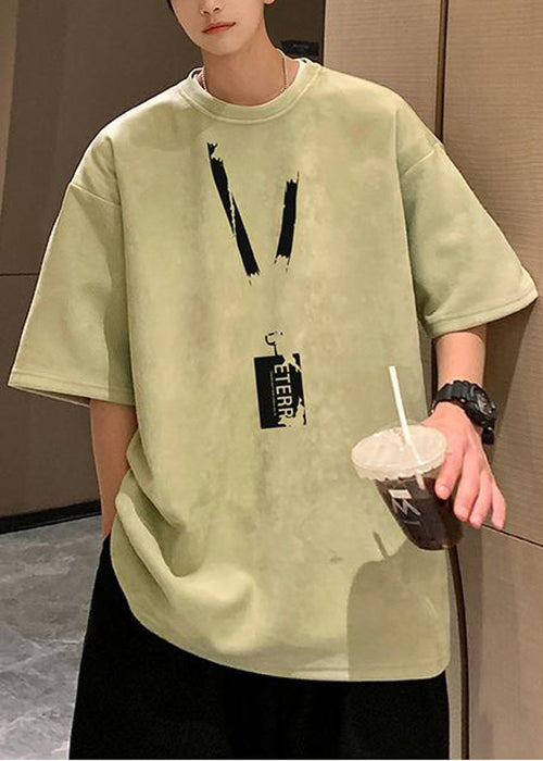 Loose Pea Green O Neck Print Faux Suede Men T Shirts Summer