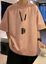 Loose Pea Green O Neck Print Faux Suede Men T Shirts Summer