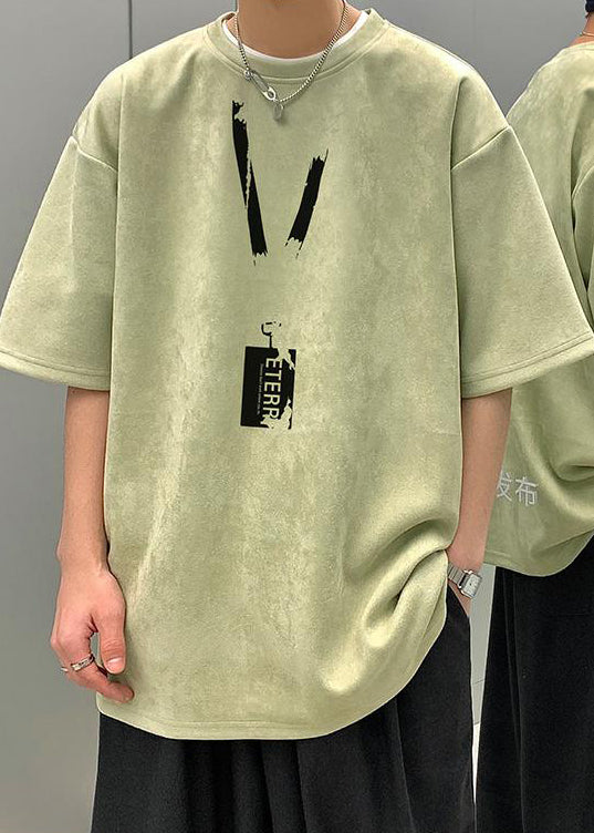 Loose Pea Green O Neck Print Faux Suede Men T Shirts Summer