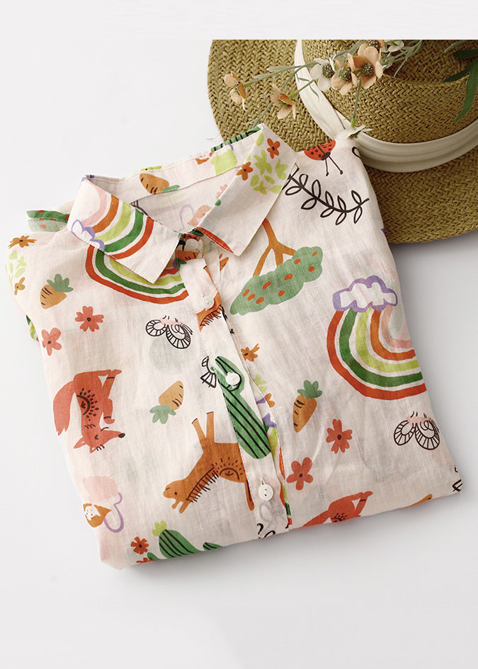 Loose Peter Pan Collar Print Cotton Shirts Spring