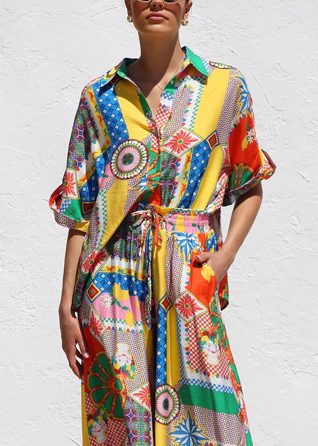 Loose Peter Pan Collar Print Cotton Two Pieces Set Summer