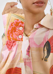 Loose Peter Pan Collar Print Shirts And Pants Cotton Two Pieces Set Spring