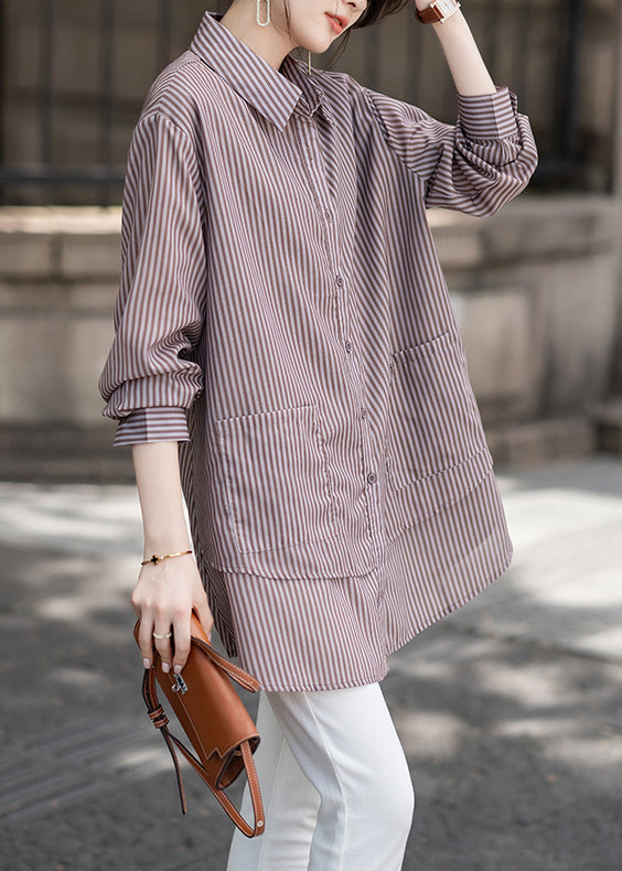 Loose Peter Pan Collar Striped Pockets Cotton Shirt Tops Fall